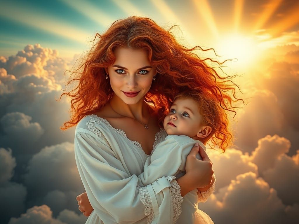 Mother and Son Embracing in Heavenly Landscape