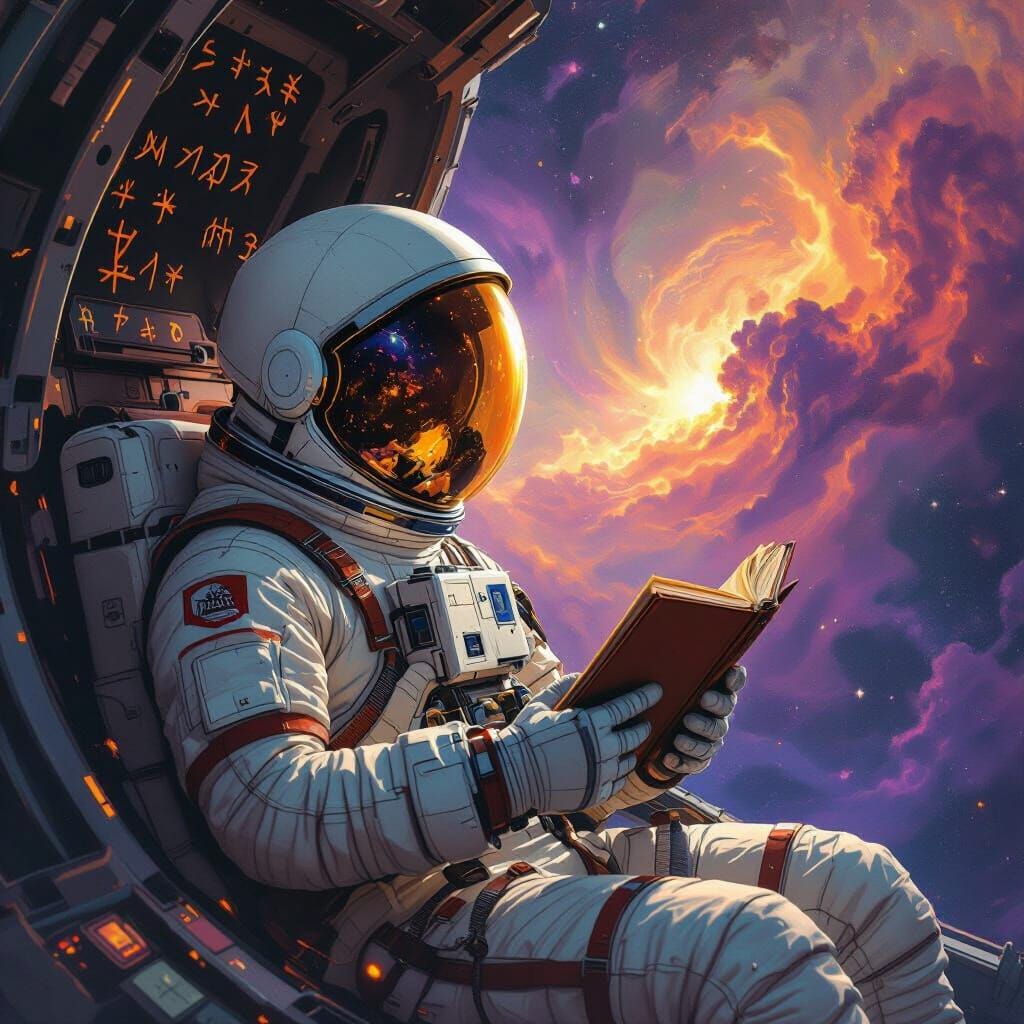 Astronaut Drifting Through Cosmic Nebula in Surreal Style