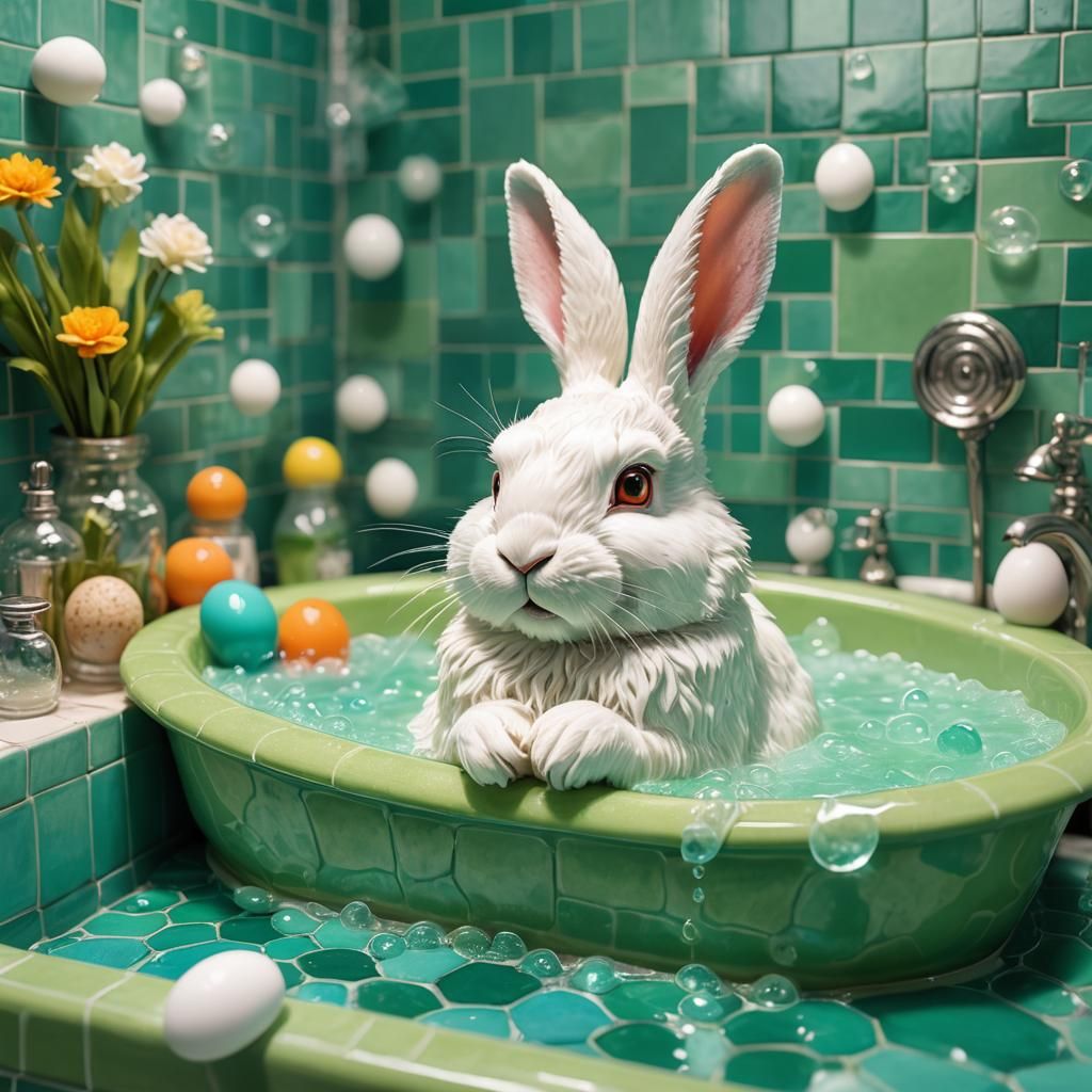 Fluffy White Rabbit Relaxes in Steamy Turquoise Bathroom