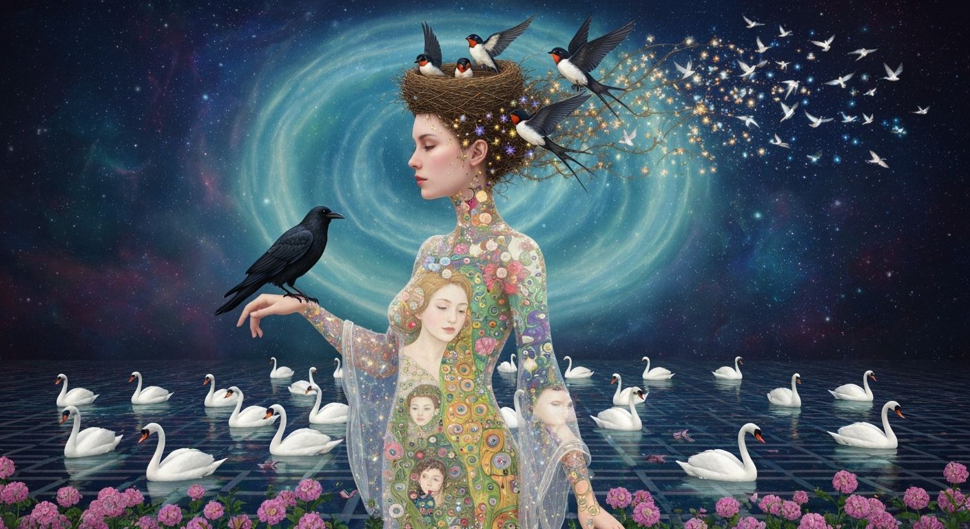 Ethereal Woman Transforms into Birds Amidst Cosmic Swirls