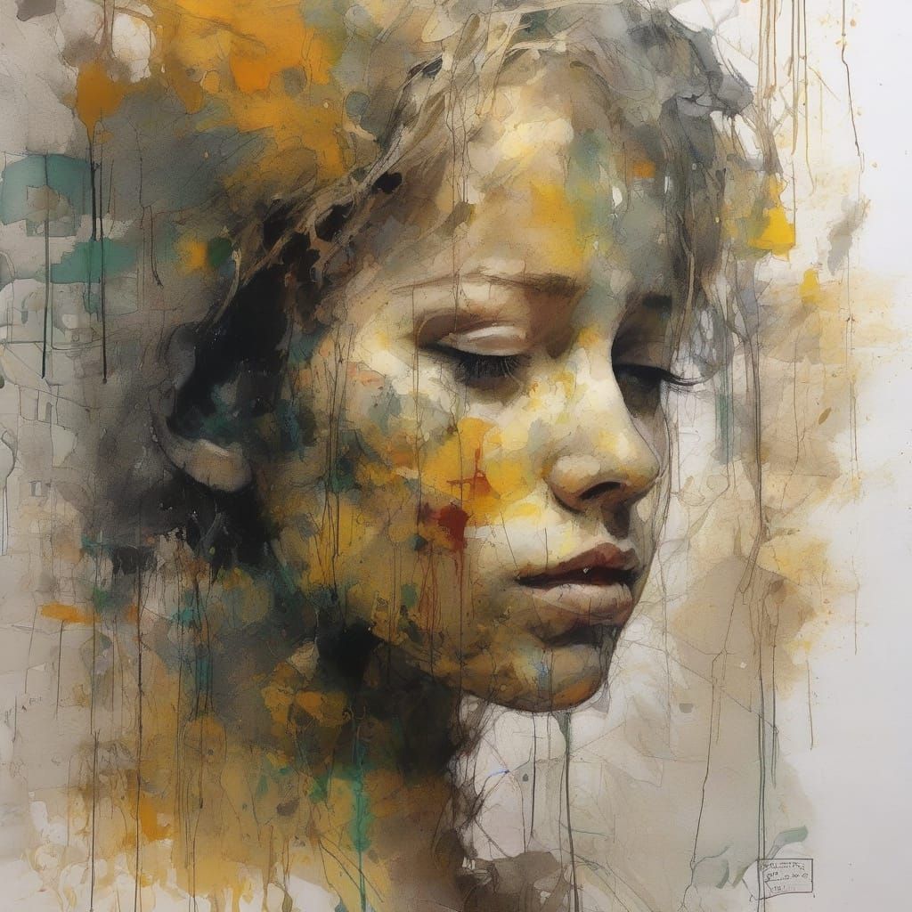 Expressive Child Portrait with Ink Splashes and Distressed T...