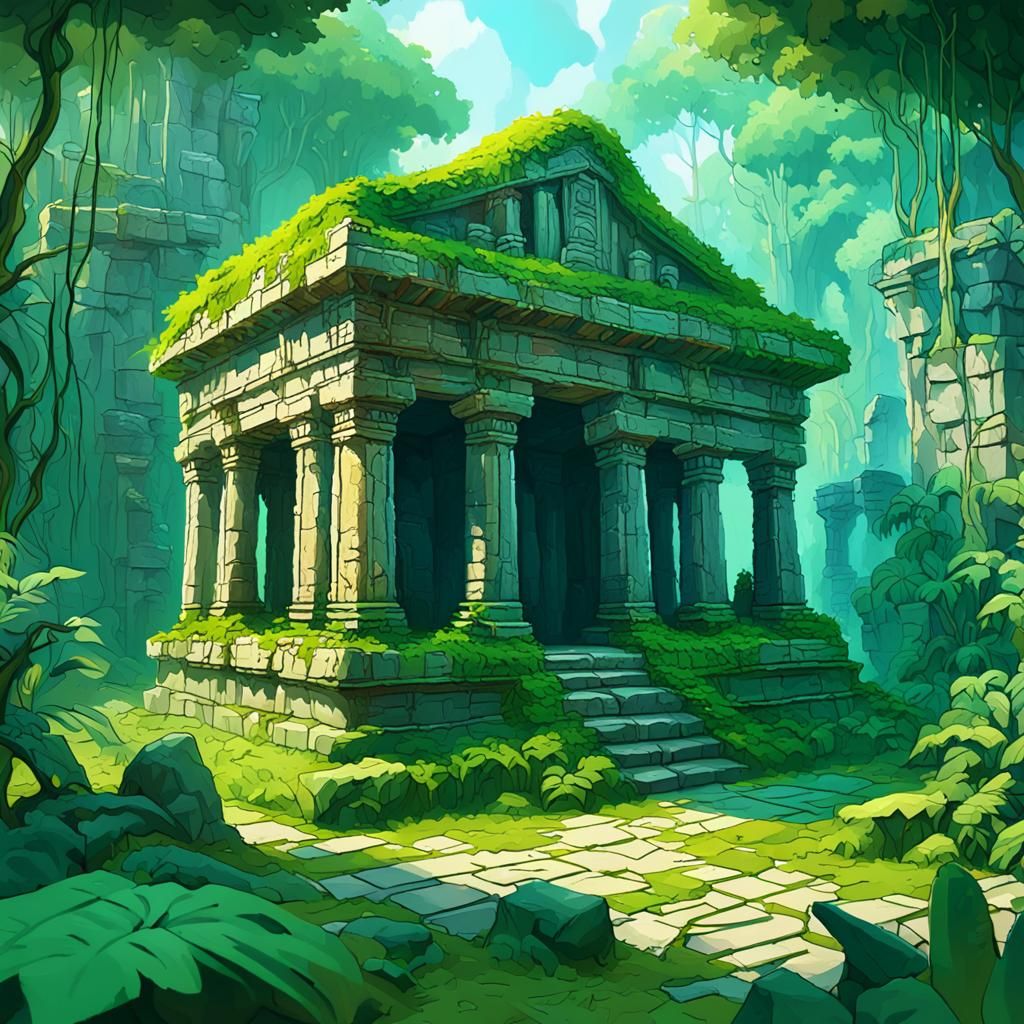 Lush Jungle Temple Ruins in Isometric Oil Painting
