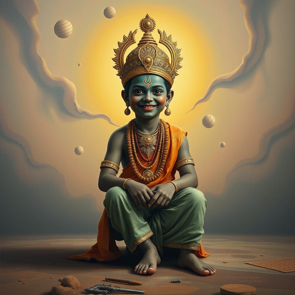 Surreal Child Lord Murugan Sits Smiling in Dreamlike Digital...