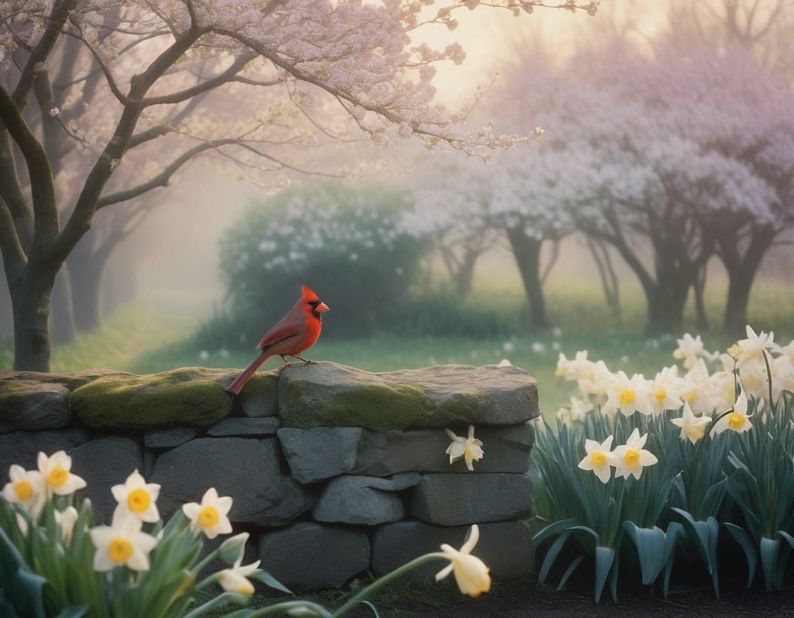 Northern Cardinal Perched on Mossy Stone Wall in Soft Focus