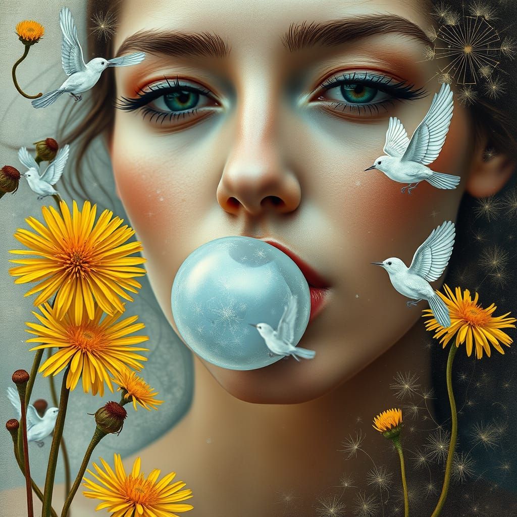 Serene Model Amidst Whimsical Nature Scene, Bio-Art and Symb...