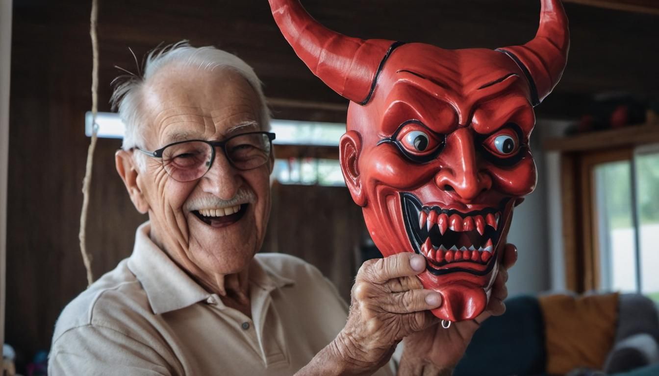 Smiling Grandpa holding up a Devil mask
