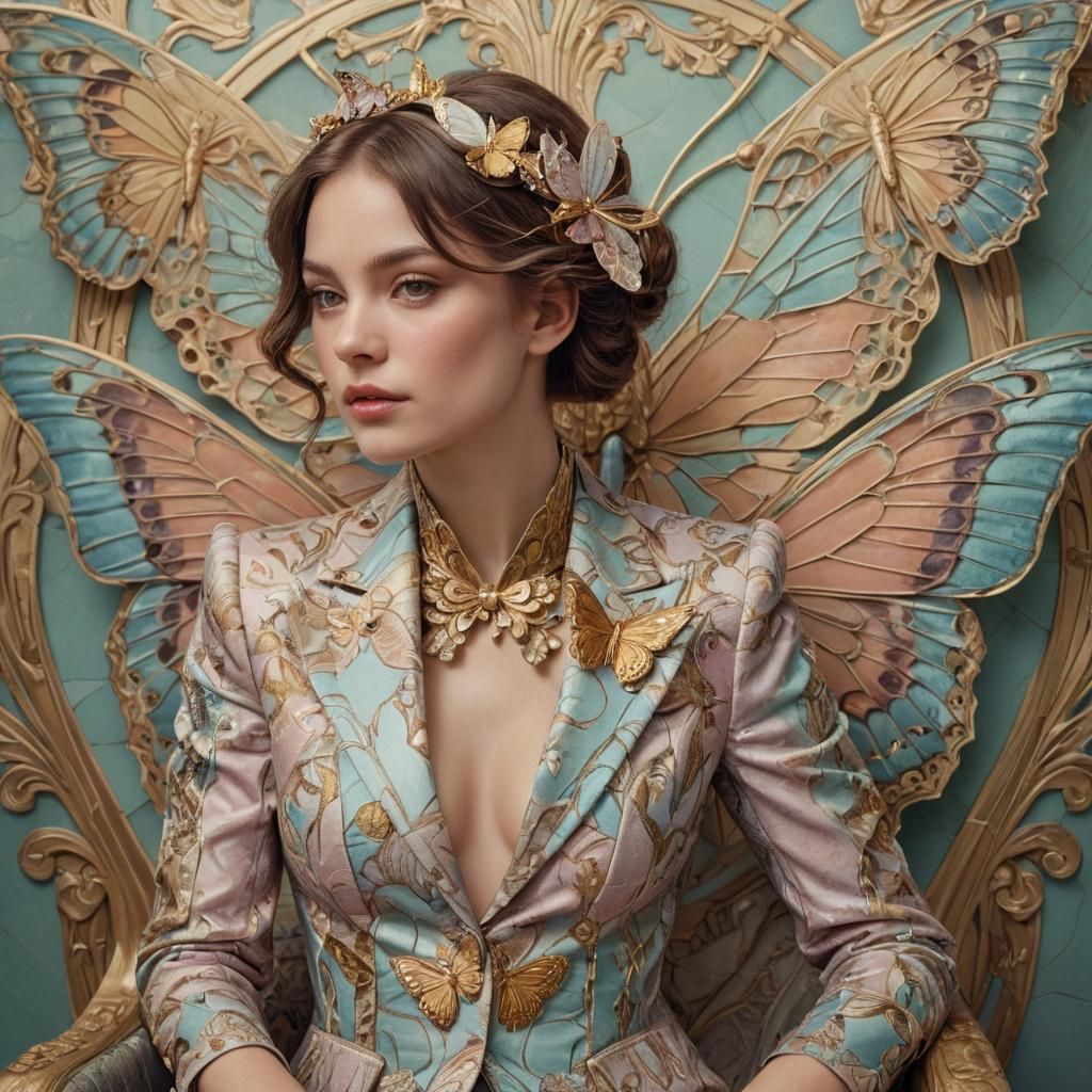 Butterfly Woman Portrait in Art Nouveau Style