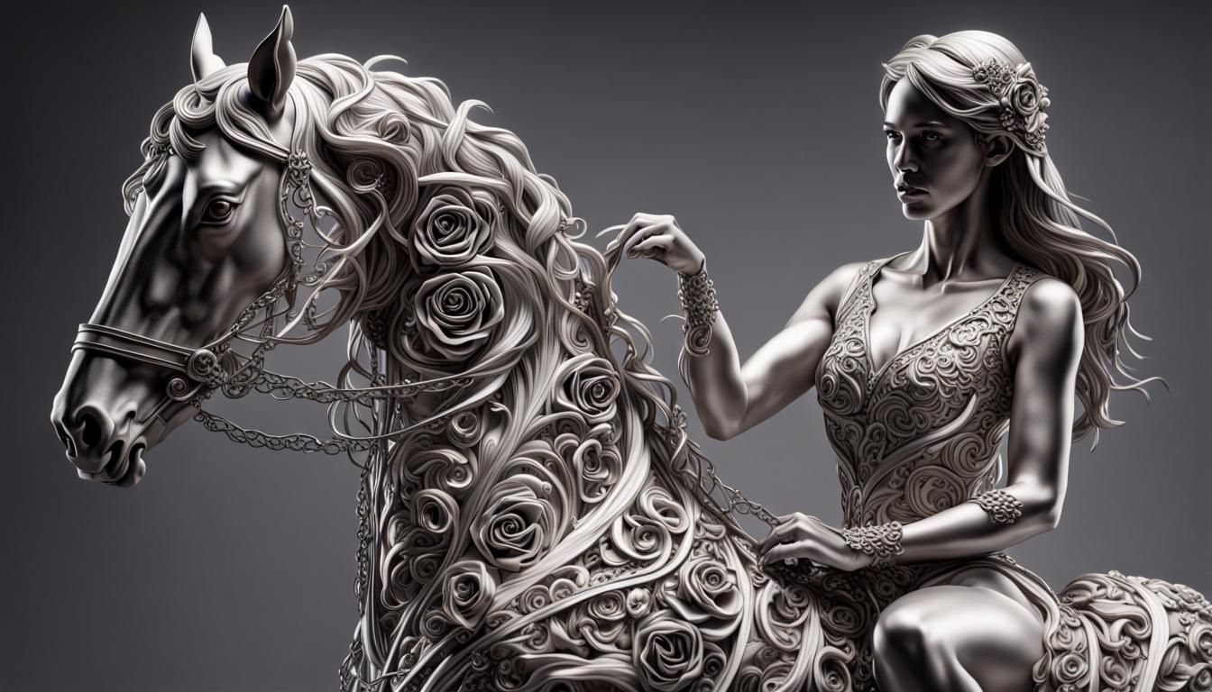 Harmonious Woman, Horse and Rose Sculpture in Metal