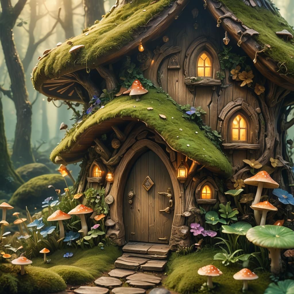 Fairy and Mushroom Cabin in Ethereal Light