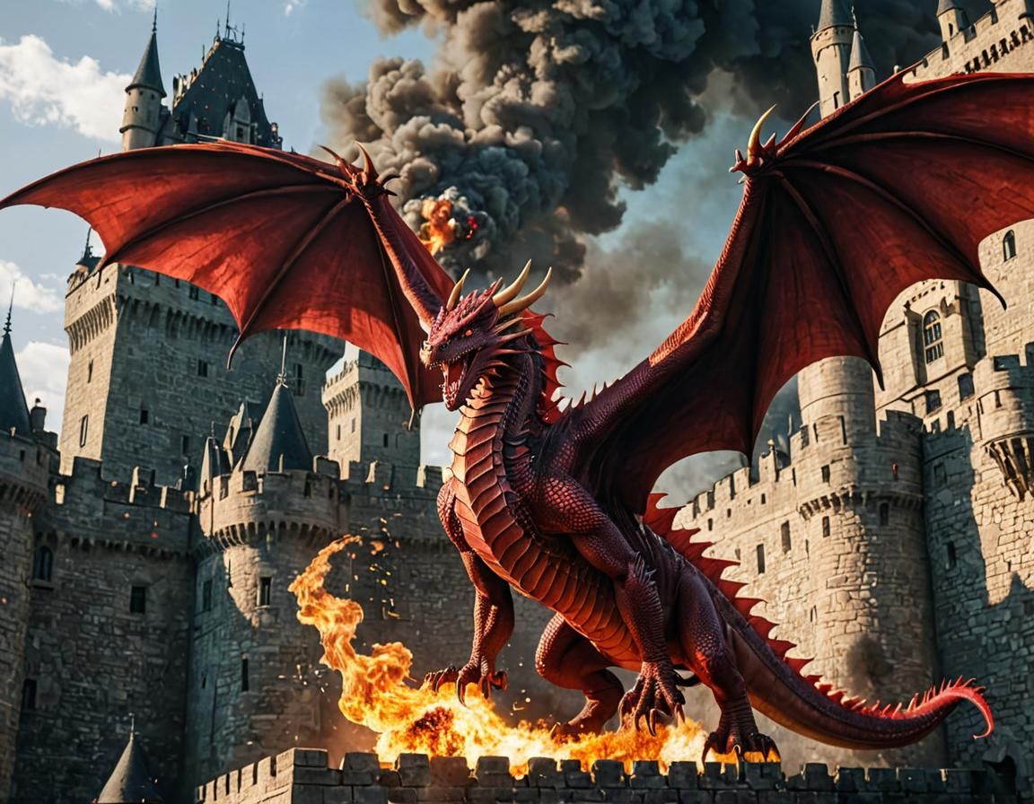Fiery Red Dragon Attacks Castle from Above