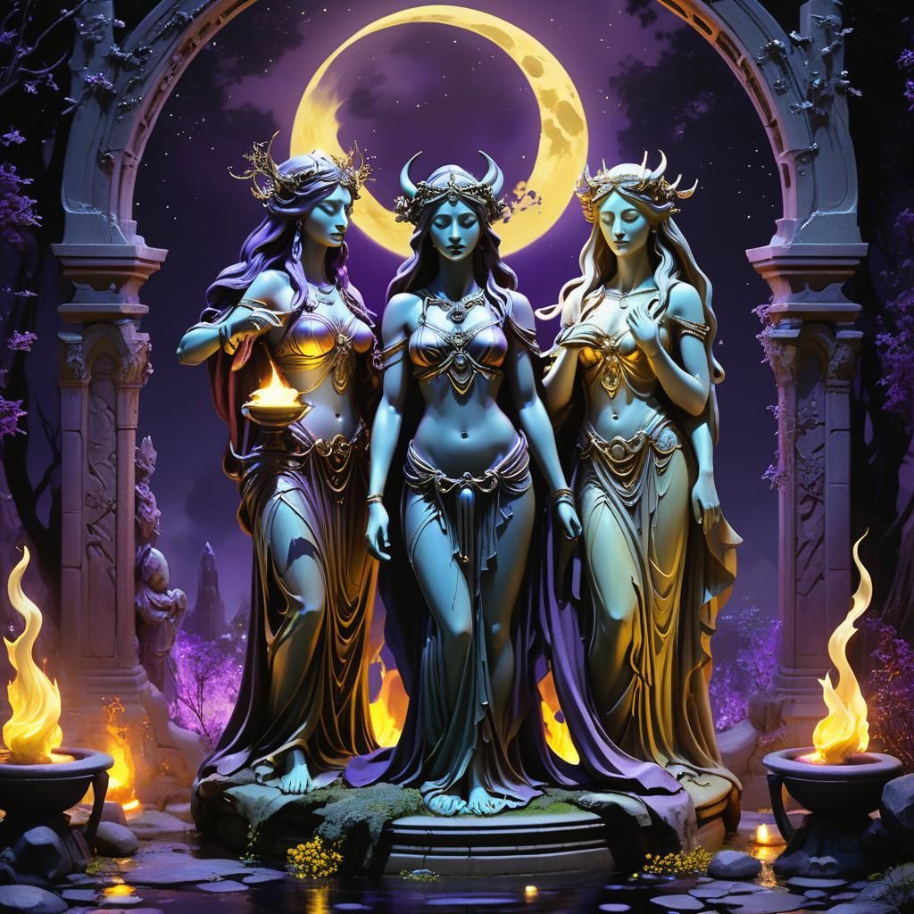 Triple Goddess Art Nouveau Concept with Moon