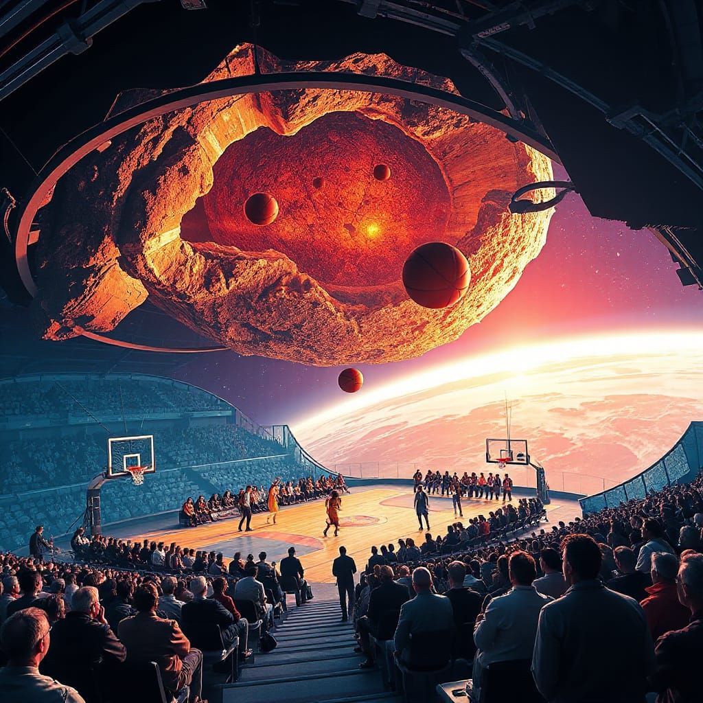 Zero Gravity Basketball on Asteroid in Sci-Fi Style