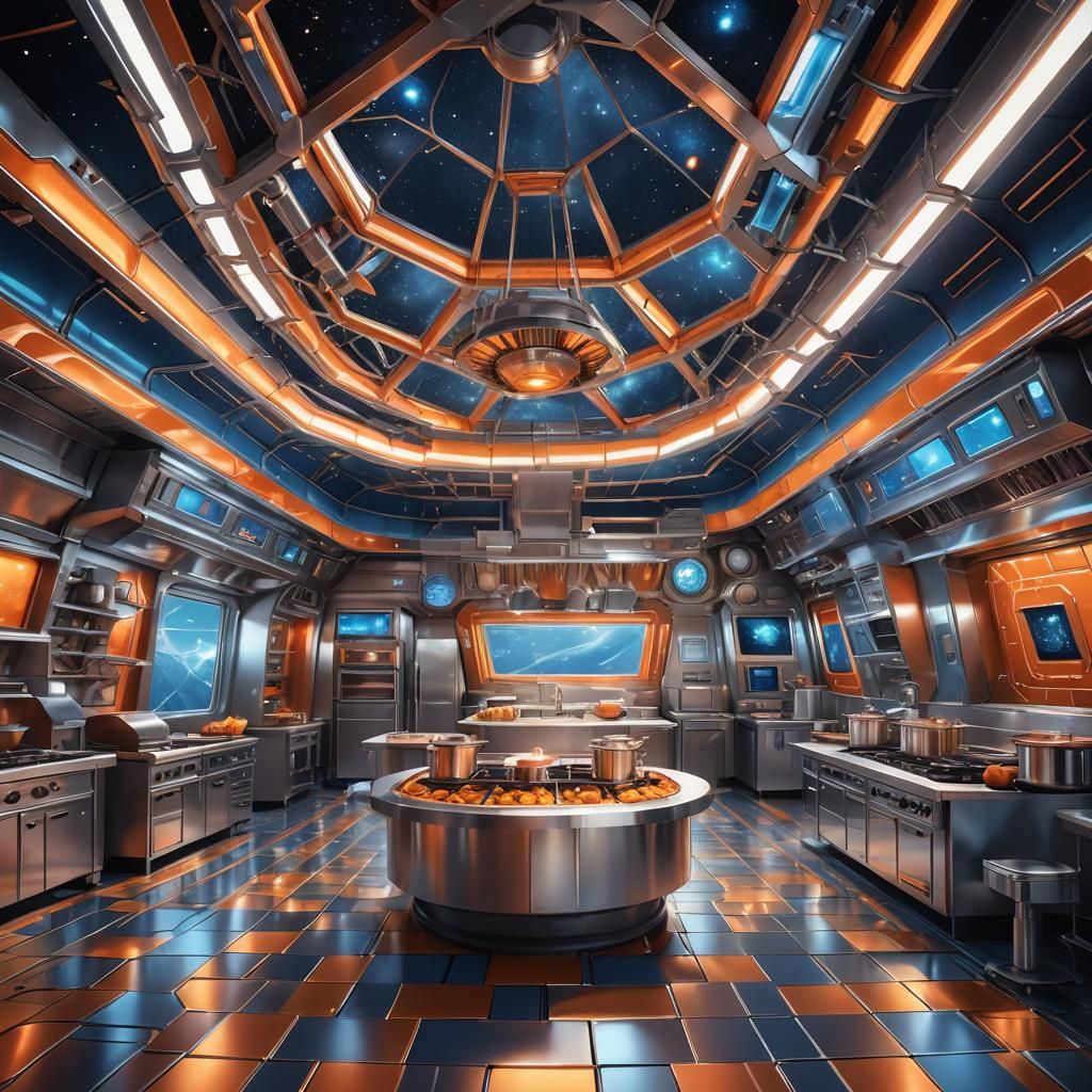 Futuristic Spaceship Kitchen Concept Art in Vibrant Colors
