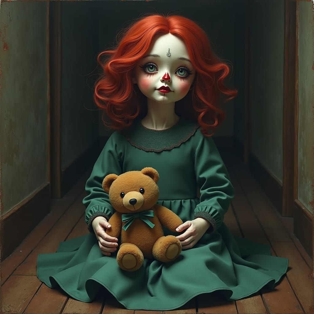 Sinister Redheaded Voodoo Doll with Teddy Bear