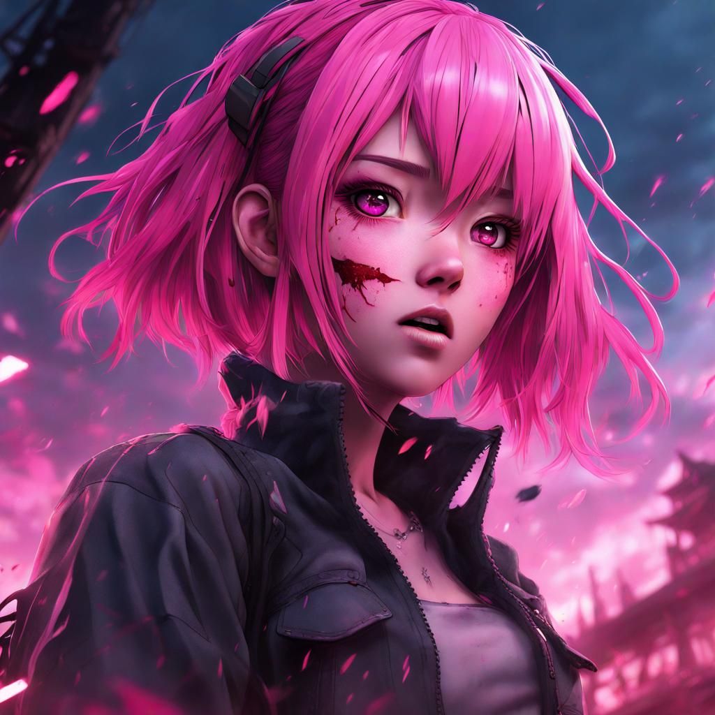 Pink-Haired Girl in Horror Anime Manga Style