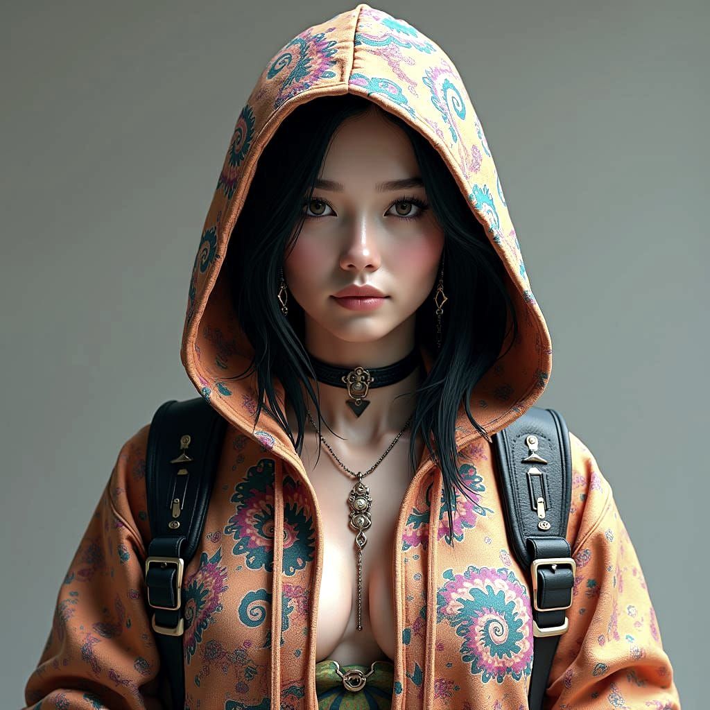 Beautiful Woman in Fractal Hoodie: 3D Anime Art