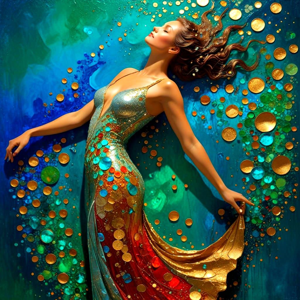 Klimt-Inspired Woman Silhouette with Melting Coins