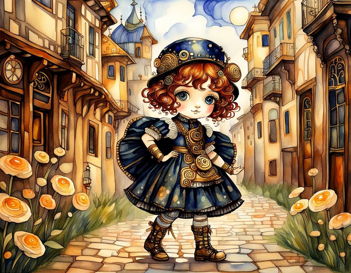 Chibi Moppet in Steampunk Klimt Watercolor Style