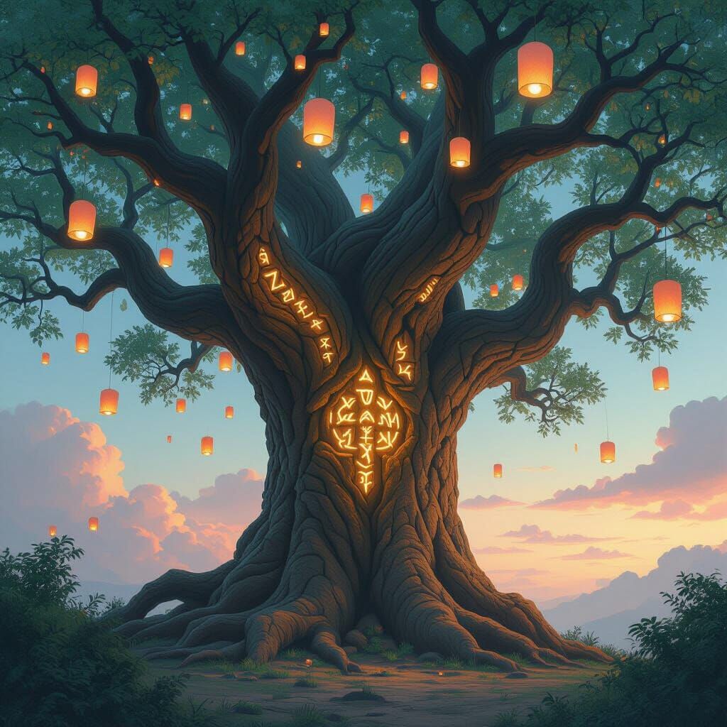 Ancient Runed Tree Under Lantern-Lit Sky