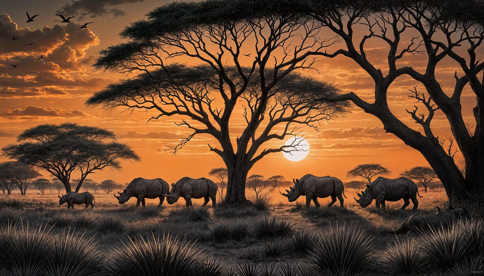 Hunter Captures Rhinos at Sunset: Charcoal Drawing