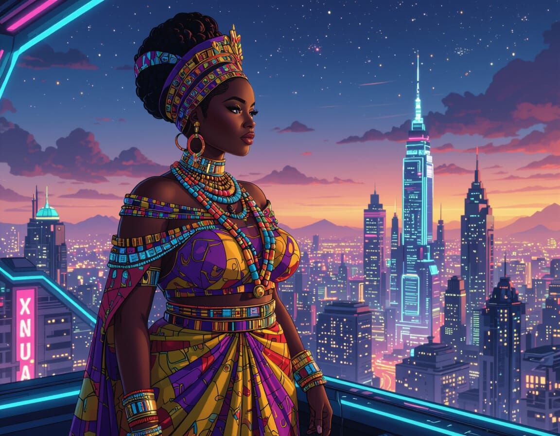Yoruba Princess Over Neon Cityscape in 3D