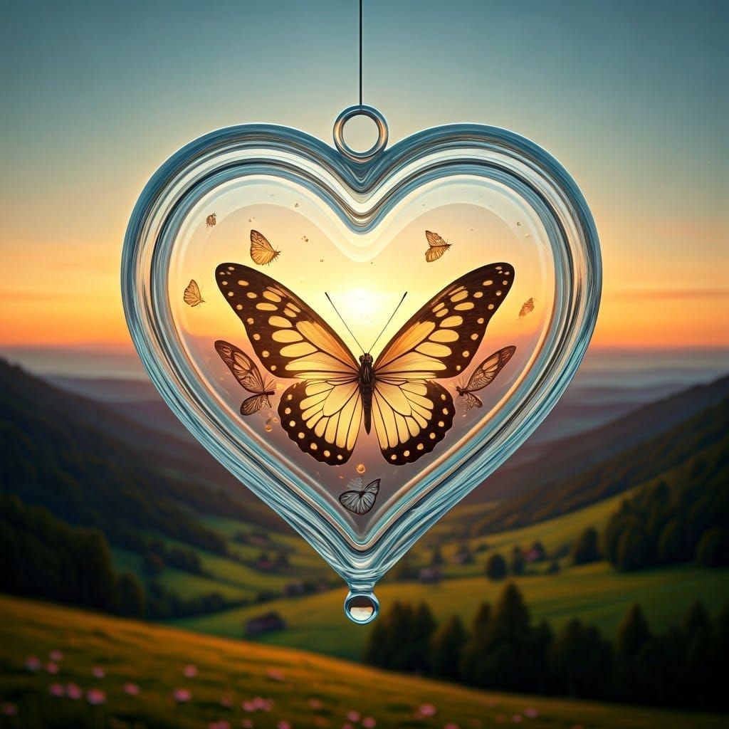 Glass Heart Container with Butterflies at Dawn