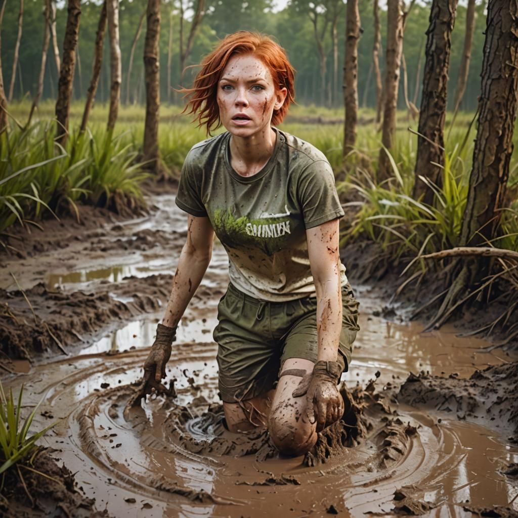 Woman on Muddy Obstacle Course: Hyperrealistic Splash Art