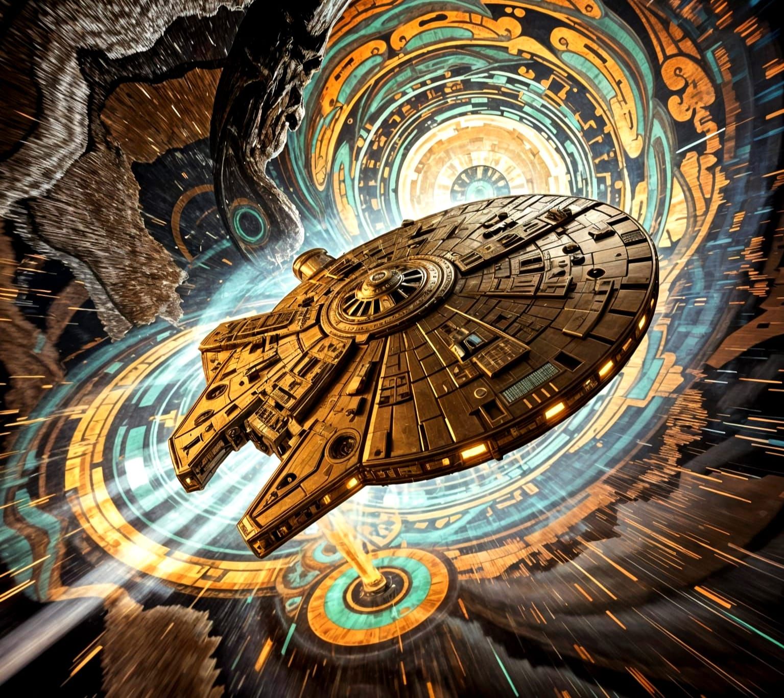 Gilded Millennium Falcon in Psychedelic Light Vortex