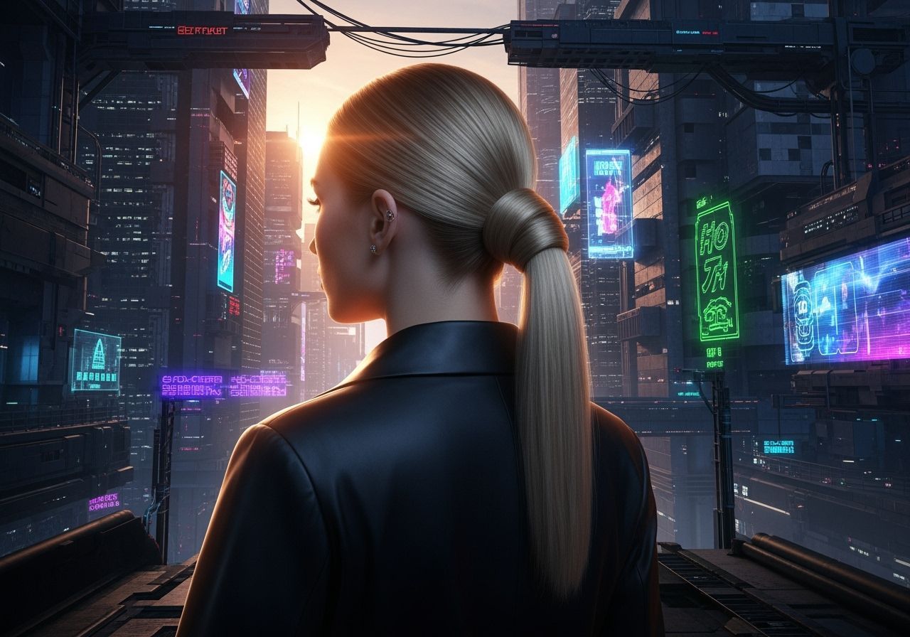 Cyberpunk Woman with Blonde Ponytail in Cityscape