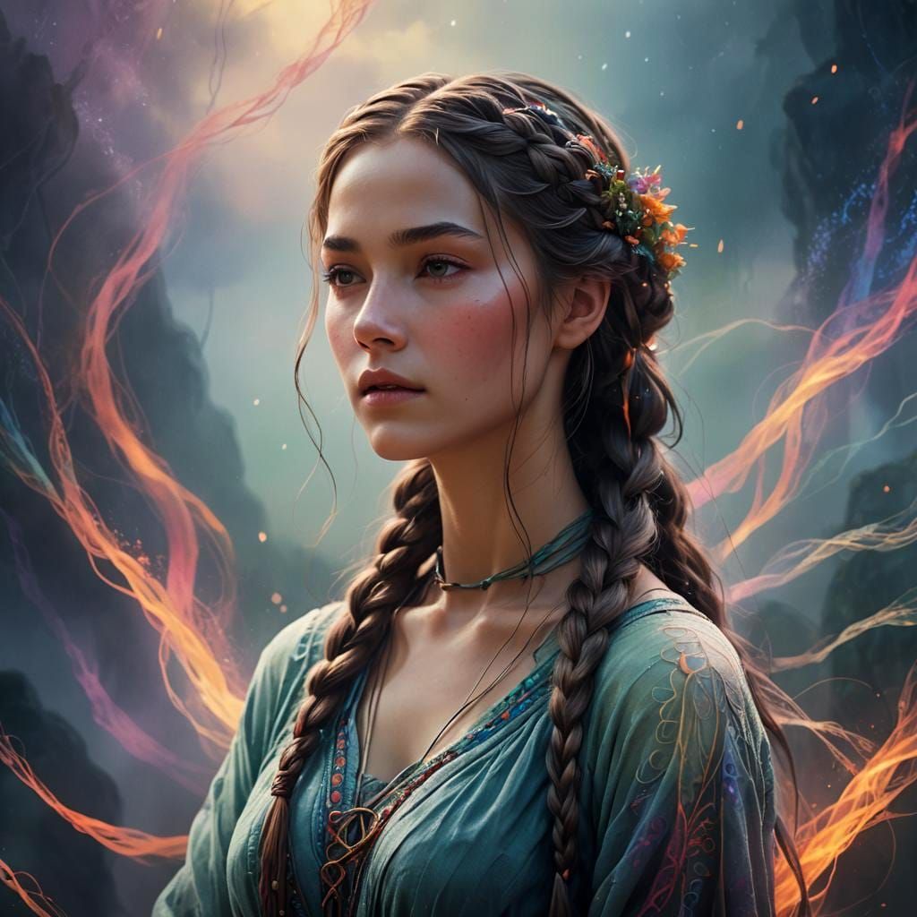 Ethereal Woman with Braided Hair: Fantasy Concept Art