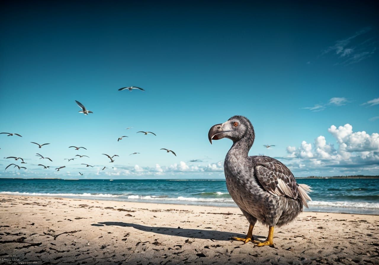 Dodo Bird Gazes at Seagulls on Mauritius Beach