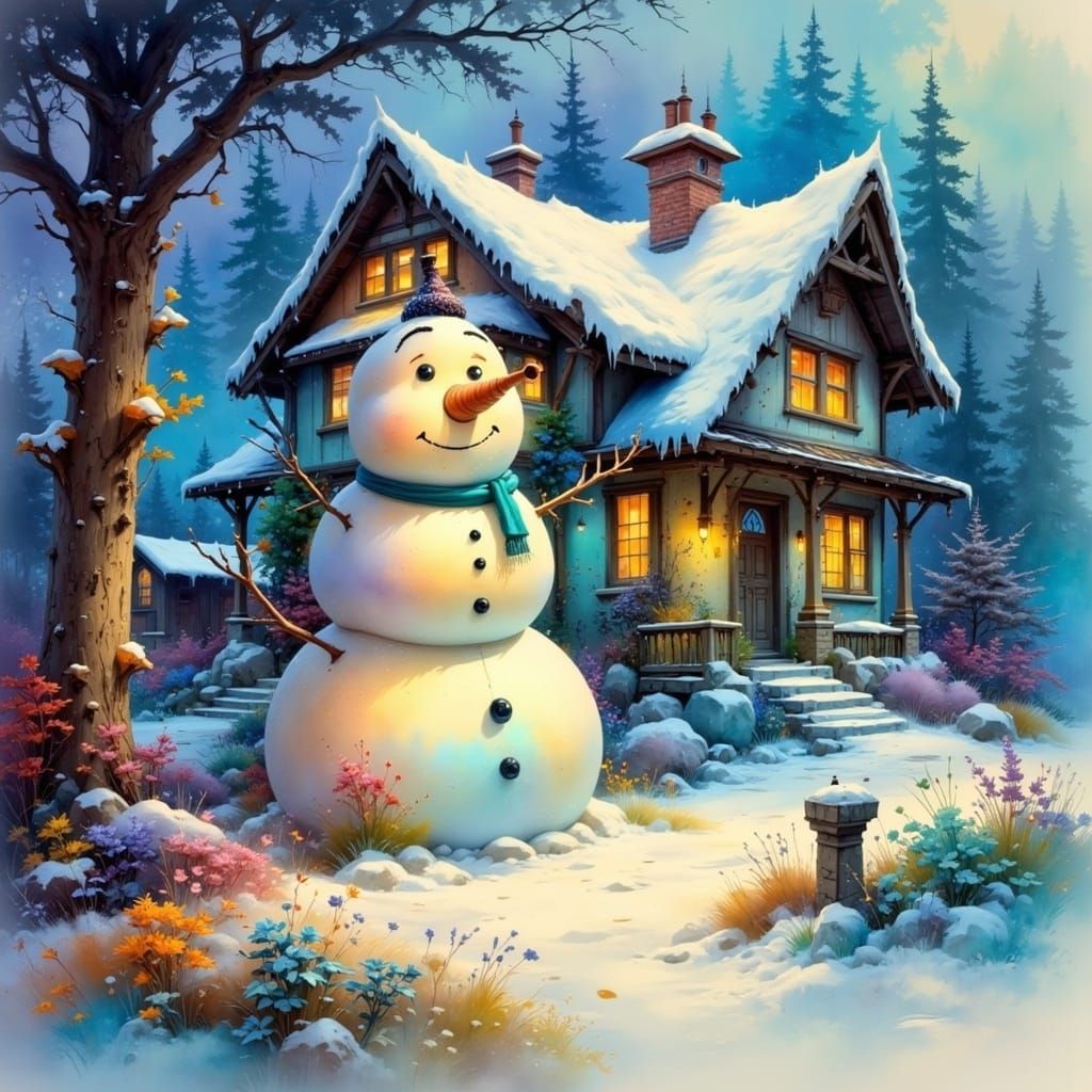 Close-up Happy Snowman in front yard of a magical house by Carne Griffiths, JW Waterhouse, alcohol ink, <lora:Colorful-F...