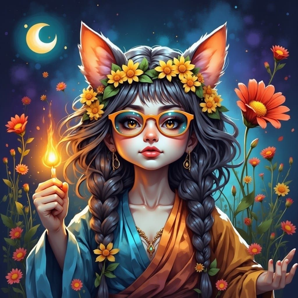 Gothic Dream Girl with Daisies and Groovy Glasses