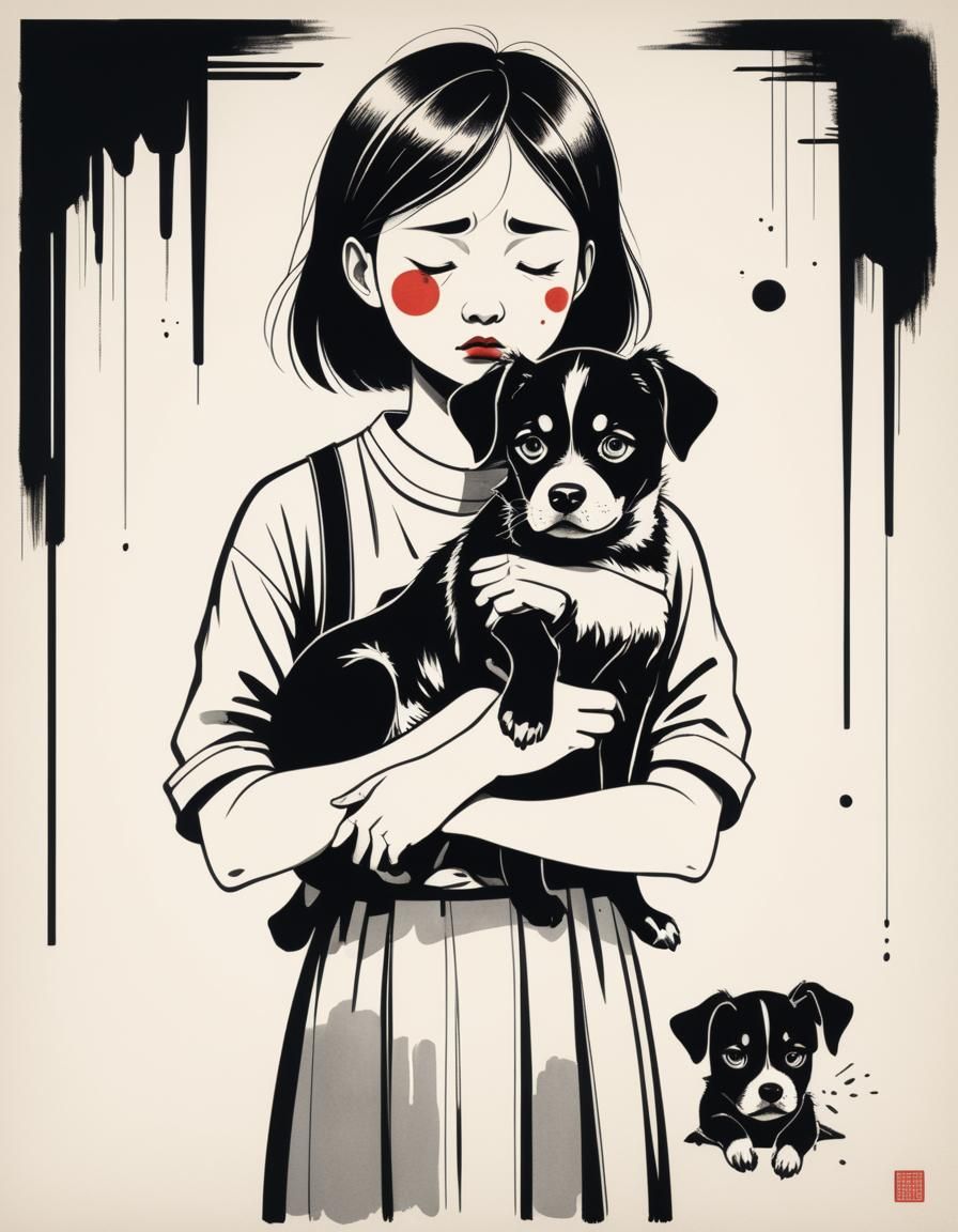 Upset Girl with Puppy in Bauhaus Ink Illustration