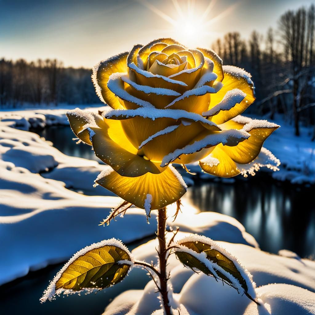 Icy Yellow Winter Rose in Art Deco Style