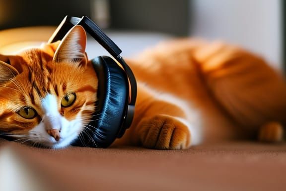 Orange Cat with Headphones in Golden Hour Light