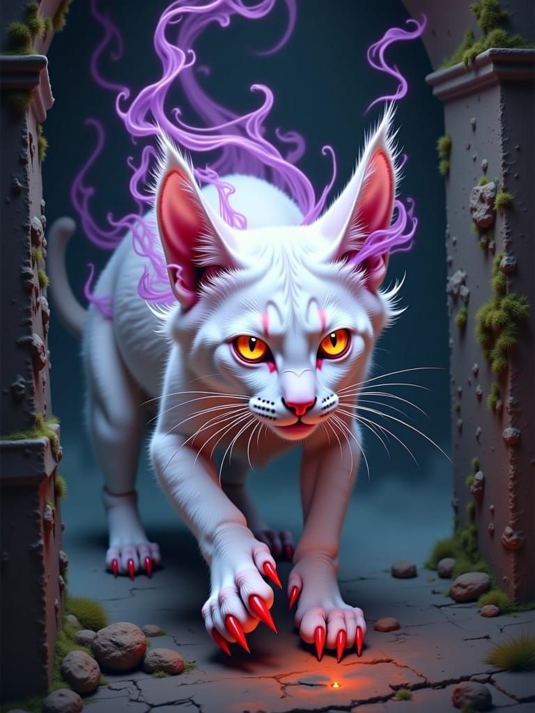 Demonic Cat with Glowing Eyes in Gothic Alley