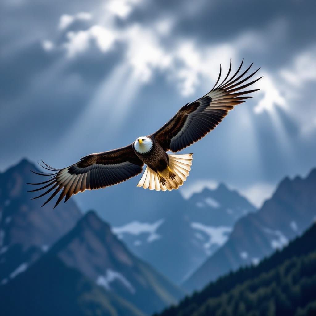 Majestic Eagle Soars Through Stormy Skies Over Mountains