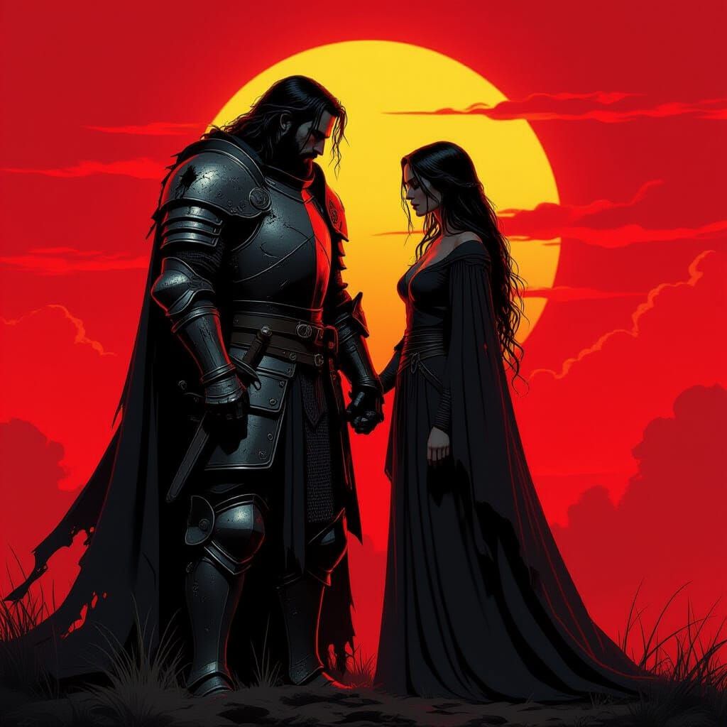 Knight and Woman Silhouetted at Sunset in Fantasy Art