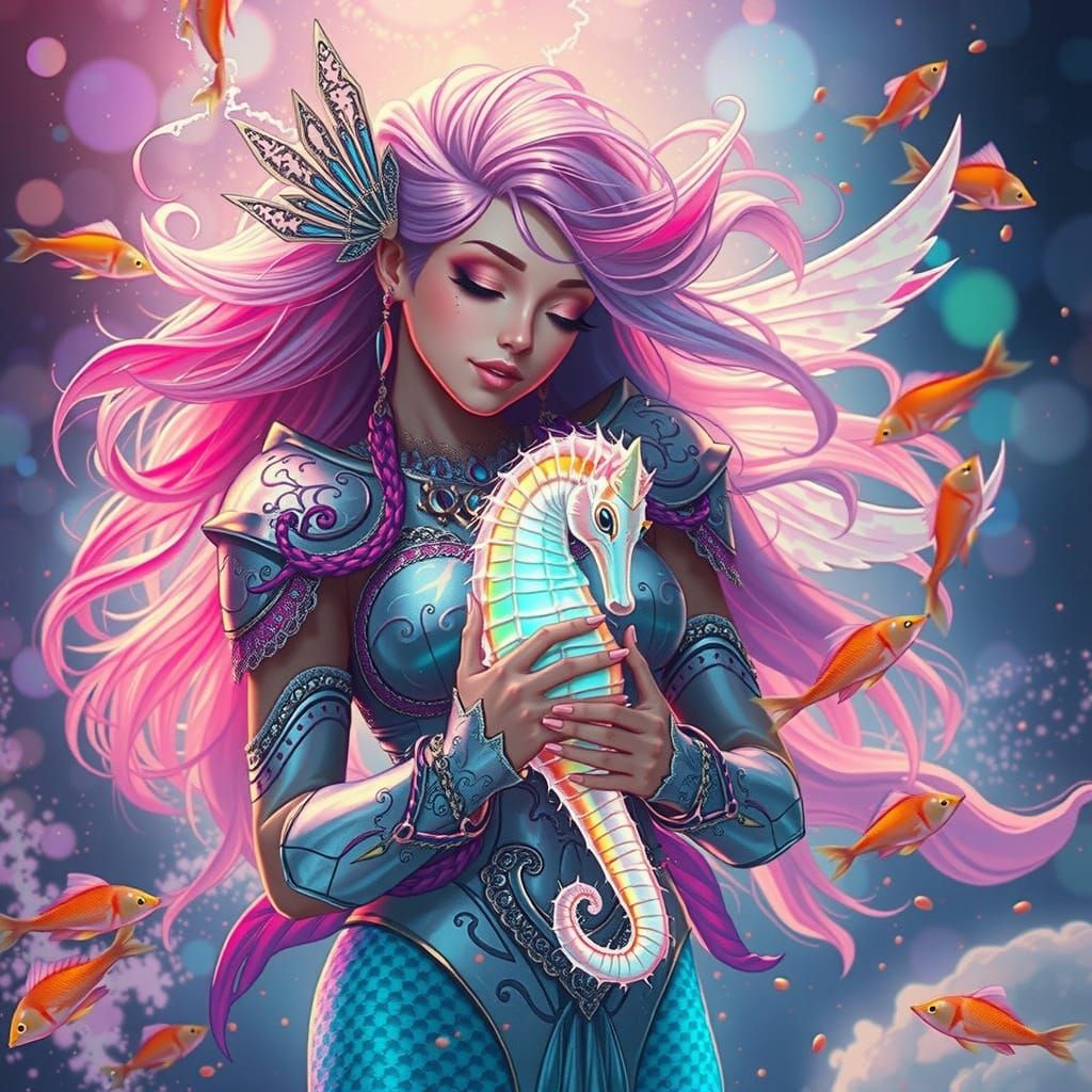 Mermaid Gladiator with Iridescent Rainbow Hair and Shimmerin...