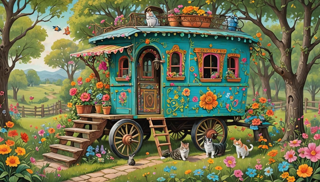Folk Art Gypsy Wagon with Flowers