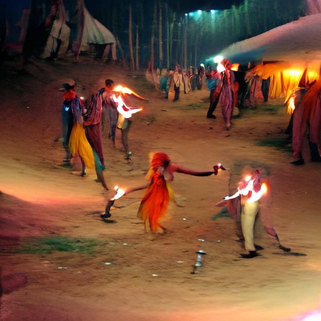 Torchlight Dancing in an Indigenous Camp at Night