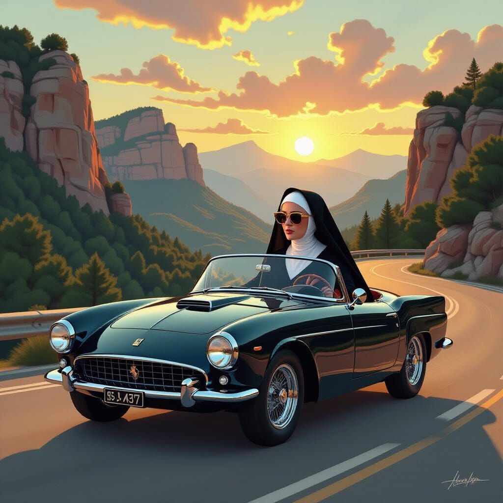 Nun Drives Sportscar on Mountain Road in Mead Style