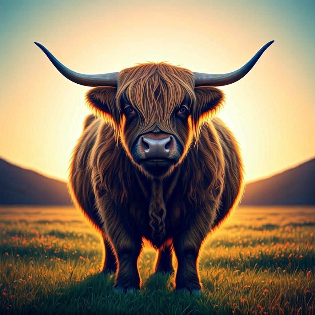 Majestic Highland Cow in Vibrant Sunrise Landscape