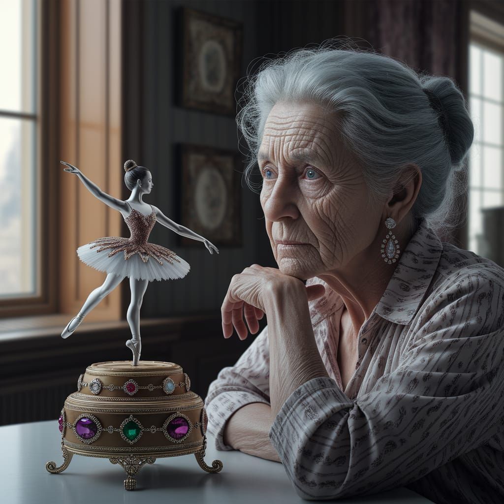 Elder Woman Contemplates Ballerina Music Box