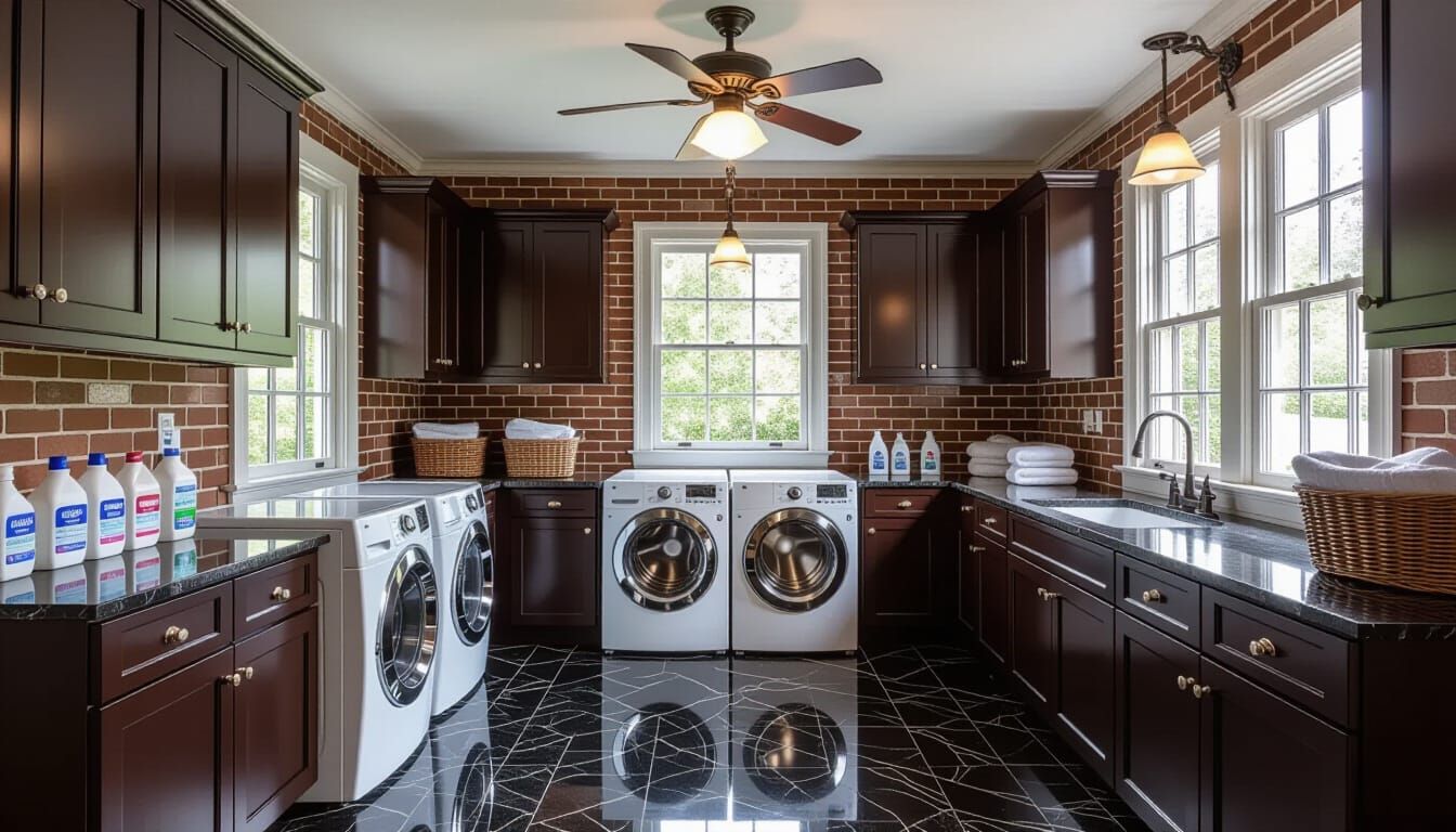 Victorian Laundry Room with Glass Wall and Gas Lamp Lighting