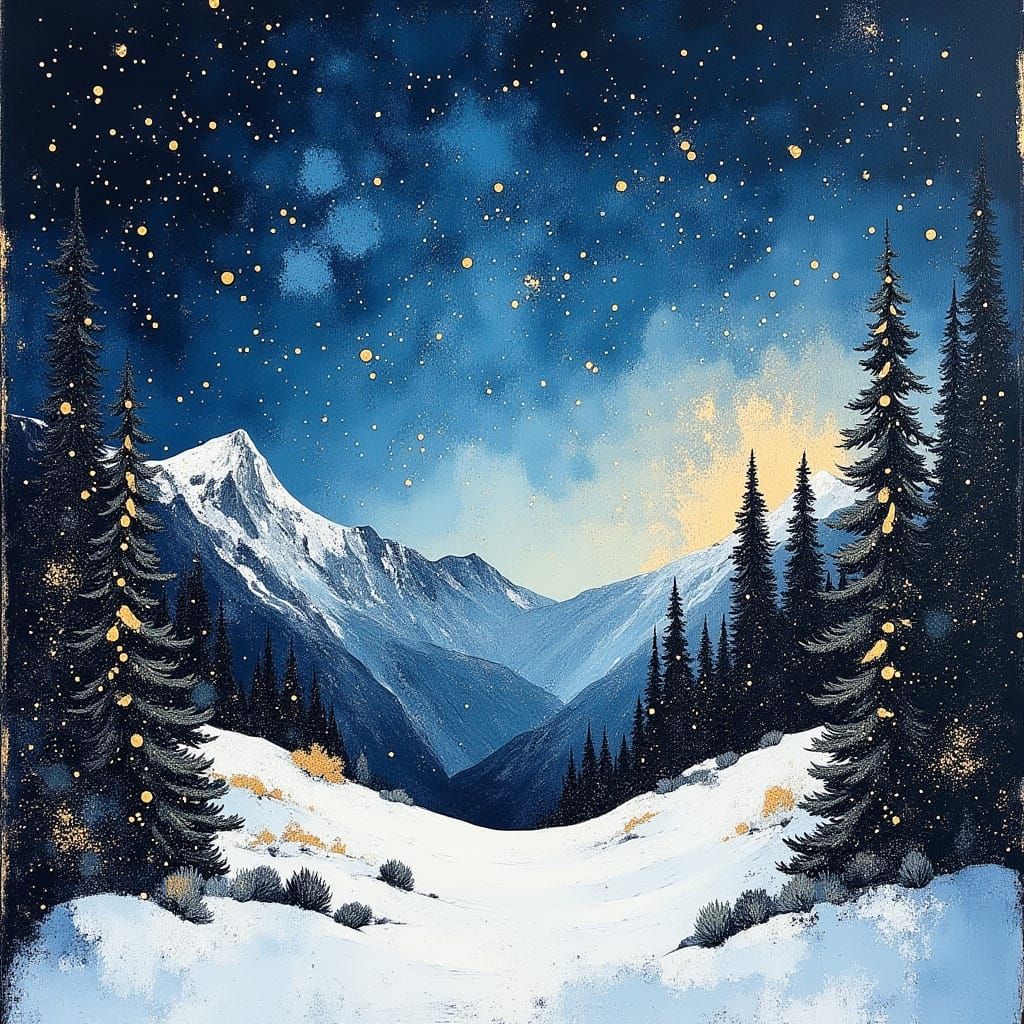 Dreamlike Snowy Mountain Forest Under Starry Sky