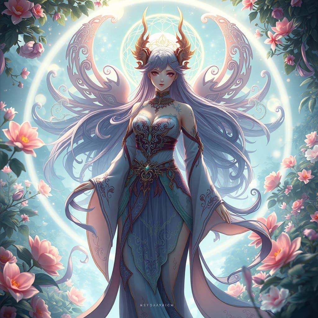 Celestial Anime Heroine in Vibrant Dreamlike Realm