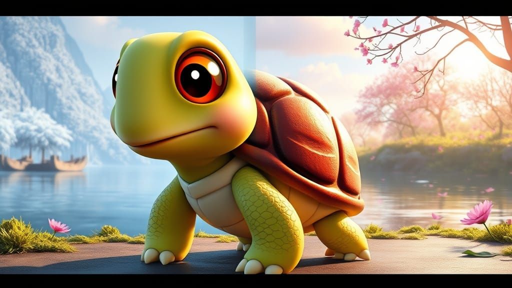 Whimsical Turtle in 3D Cartoon Style