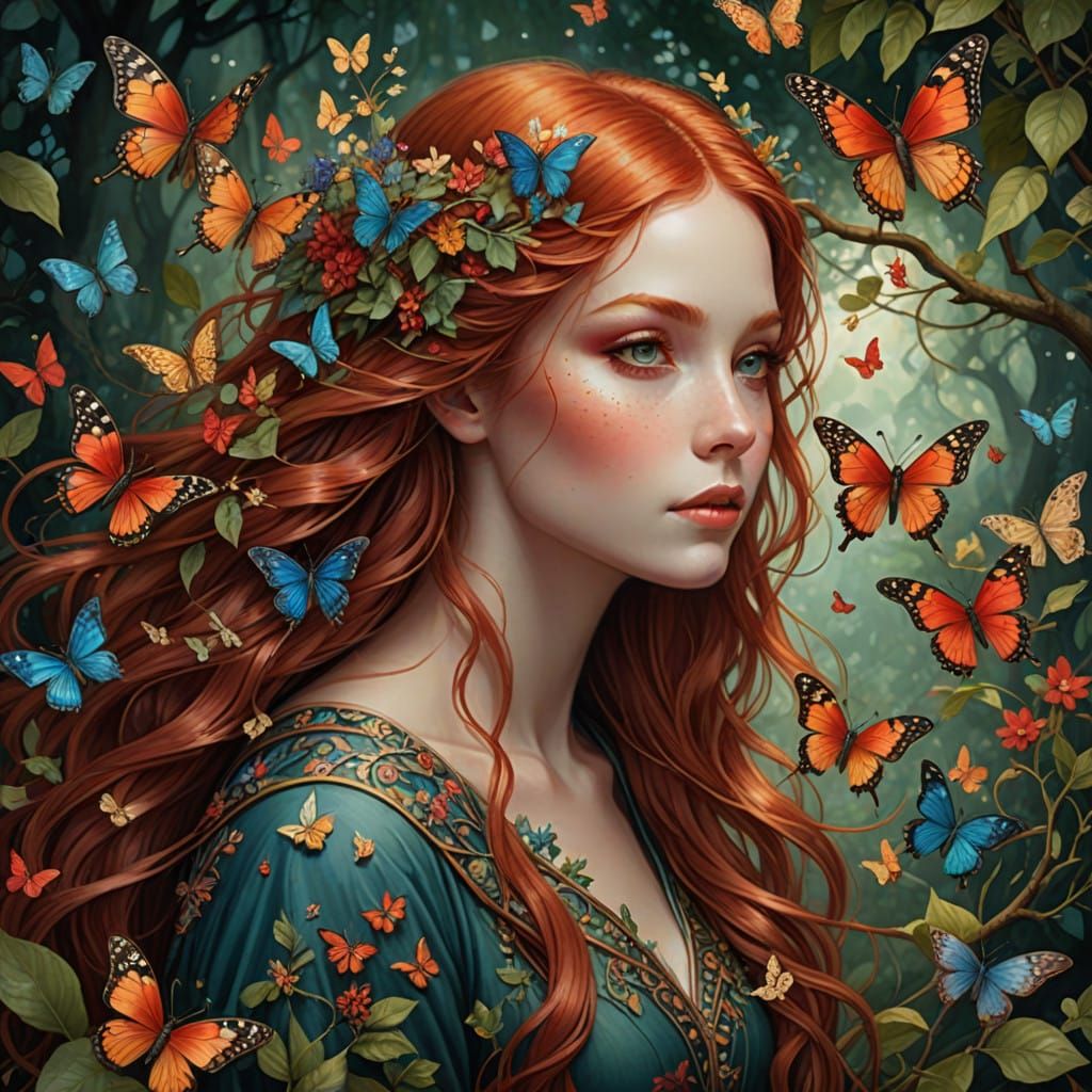 Red Haired Woman Surrounded by Whimsical Butterflies in Ench...